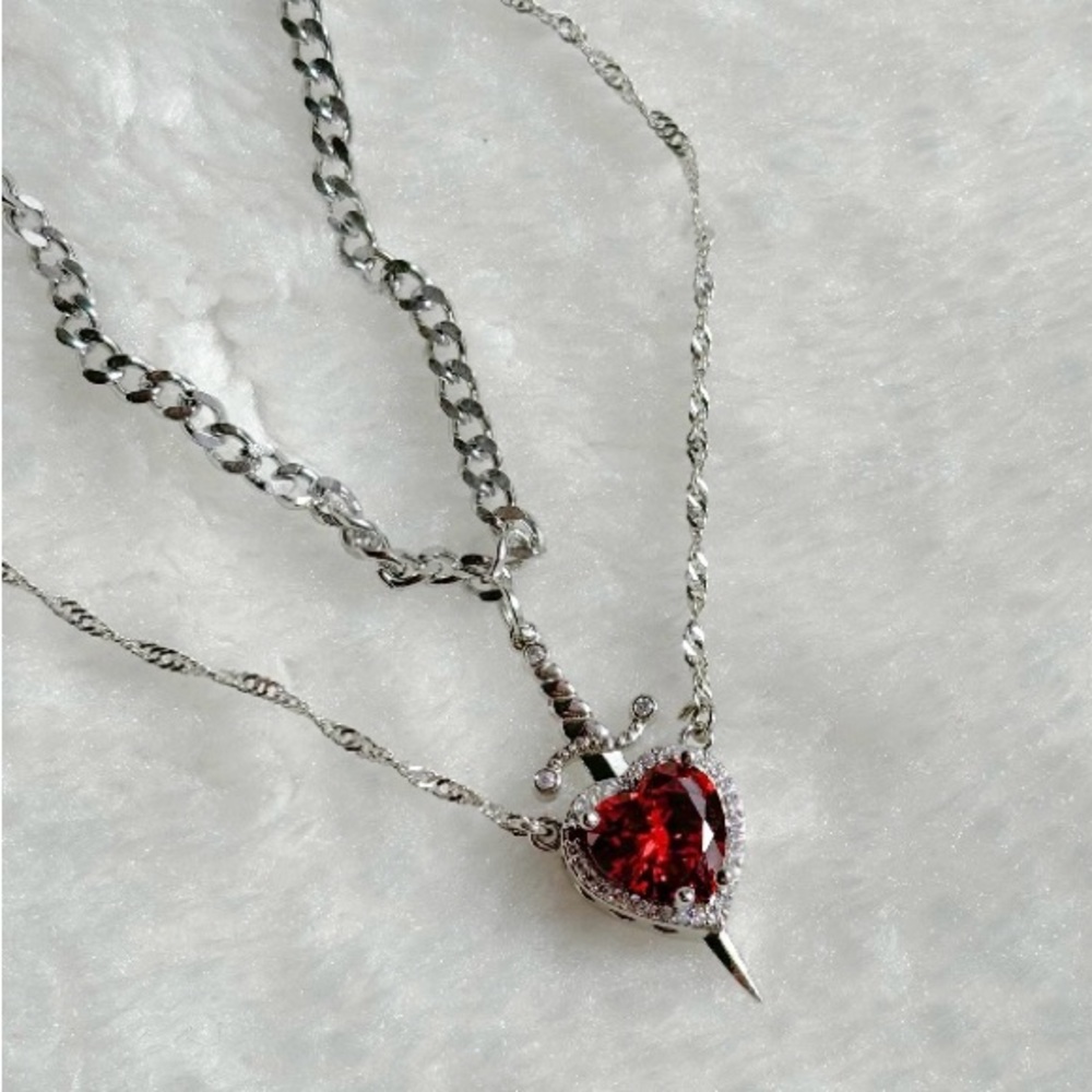 Silver Red Crystal Heart and Dagger His and Hers Necklace